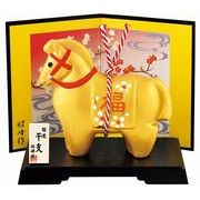 ★開運招福の干支★　縁起の良い置物【開運　金彩白梅福午】