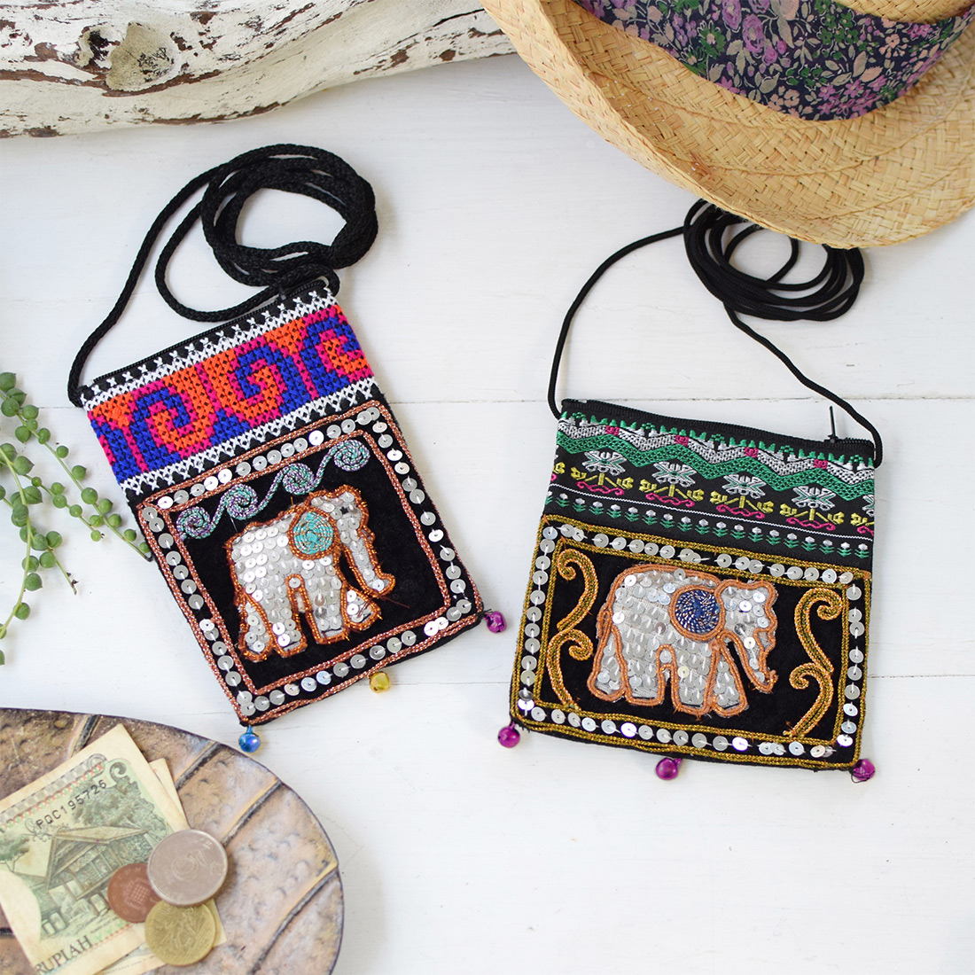 象スパンコールミニポシェット[財布 小銭入れ タイ ゾウ 象 エレファント タイ刺繍]