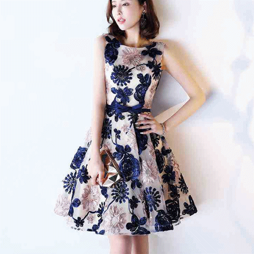 総レース刺繍ドレス 結婚式 花柄 刺しゅうワンピース パーティードレス 高級感 膝上丈ドレス Aラインワンピ