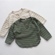ins　春秋　子供服　ヘンリーネック　ワッフル　長袖　Tシャツ　カジュアル　ストライプ柄　トップス　上着