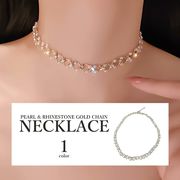 パール＆ラインストーン ゴールドチェーンネックレス レディース アクセサリー韓国アクセ