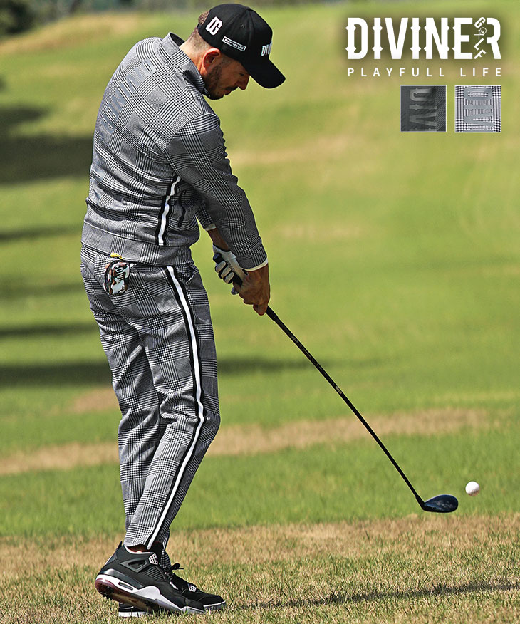 【ゴルフウェア】チェック＆チドリ柄 スタンドジャケット+テーパードパンツ 2点セットアップ／DIVINER GOLF