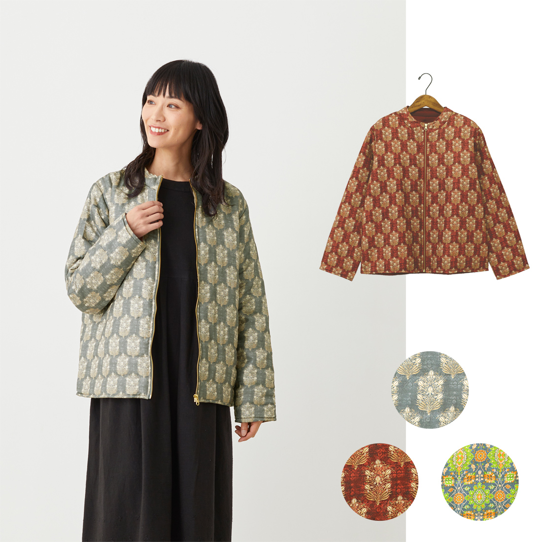【Shanti Shanti】ジャケット アートシルクプリント[上着インド草花柄ブロックアジアン秋冬25AW]