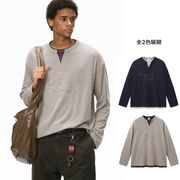 メンズ 秋新作 刺繍入り フェイクレイヤード風 Vネック 長袖Tシャツ カットソー 男女兼用トップス★全2色