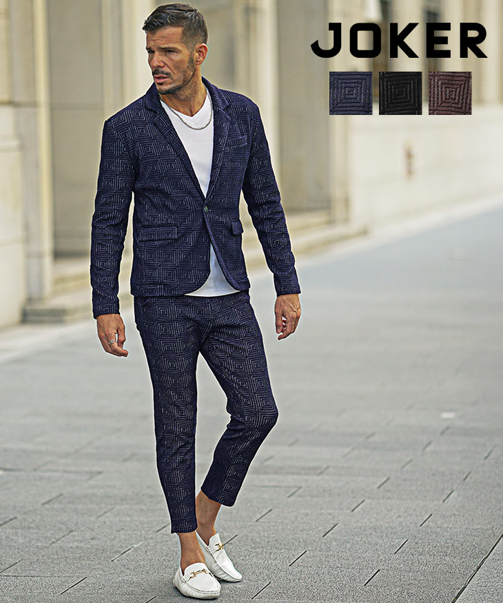 【2025年秋の新作】ふくれJQD スクエア柄 テーラードジャケット+アンクルパンツ 2点セットアップ／Joker