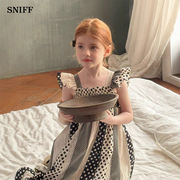 2025秋冬※ZQW☆女の子配色ドットフリル袖ワンピース