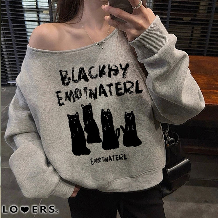 猫プリント オーバーサイズ ワンショルダースウェット【即納】 レディース 韓国 プチプラ おしゃれ