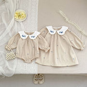 2025秋新作　子供服　姉妹服　選べる2タイプ　刺繍花柄　長袖　ロンパース　ワンピース　可愛い　おしゃれ