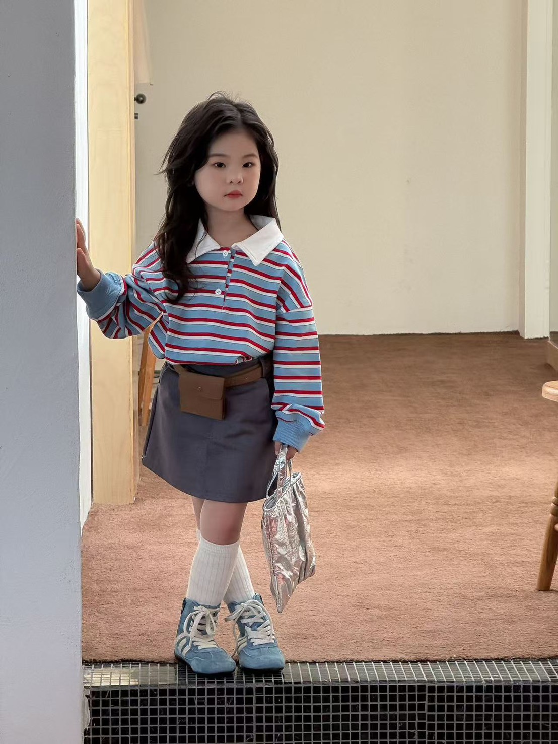 子供スカート 女の子 シャツ  キッズ 上着 ストライプ柄  トップス　大人気韓国風LF