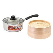 中華家 ステンレス製 ガラス蓋付片手鍋18cm(せいろ付)