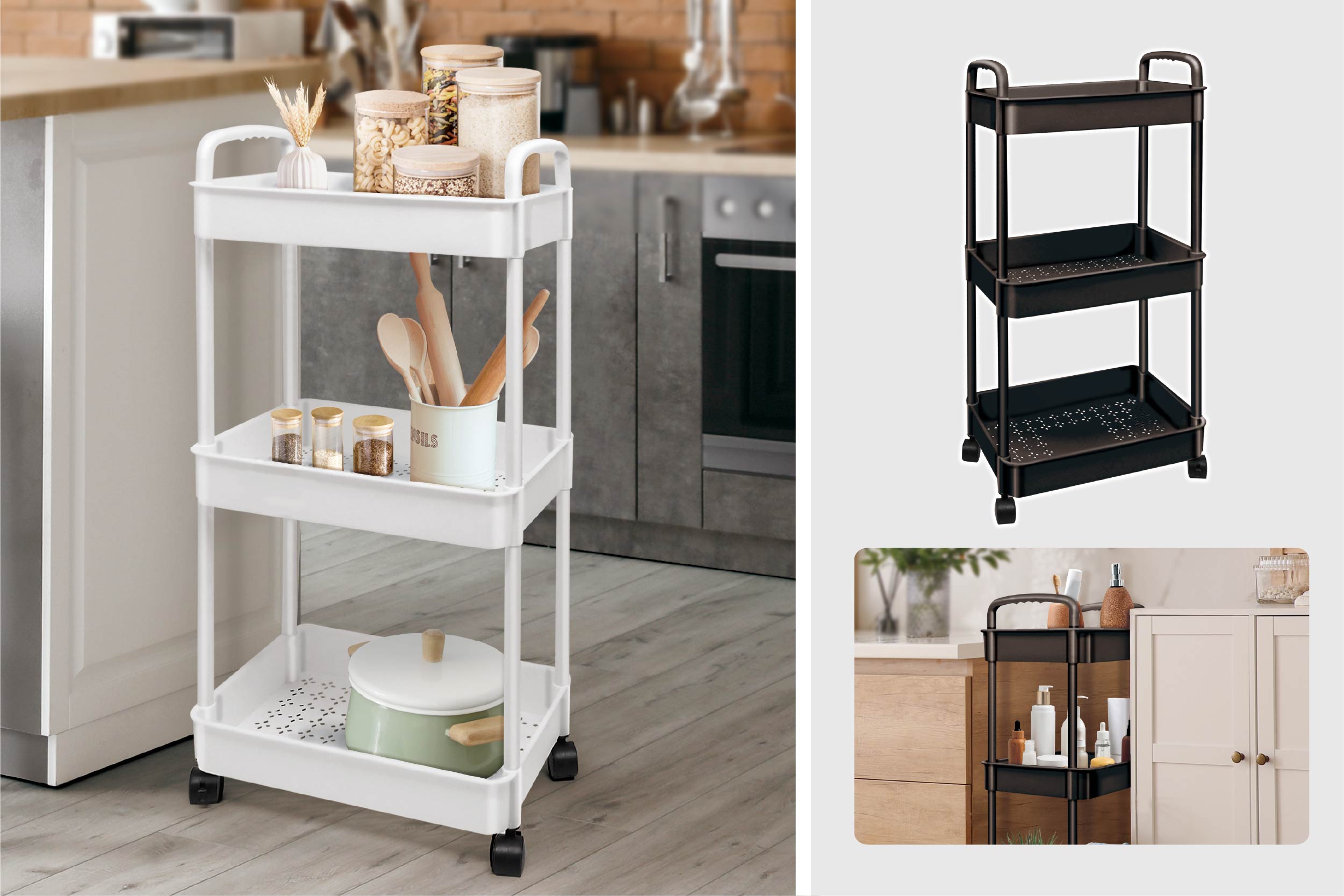 3段収納キャスターラック／HAC4722（ブラック）・HAC4723（ホワイト）