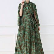 初回送料無料　プリントプリーツカジュアル長袖ワンピース　レディースファッション人気トレンド