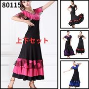 上下セット/社交ダンス衣装、パフォーマンス衣装、ベルスリーブダンス衣装、ラテン80115