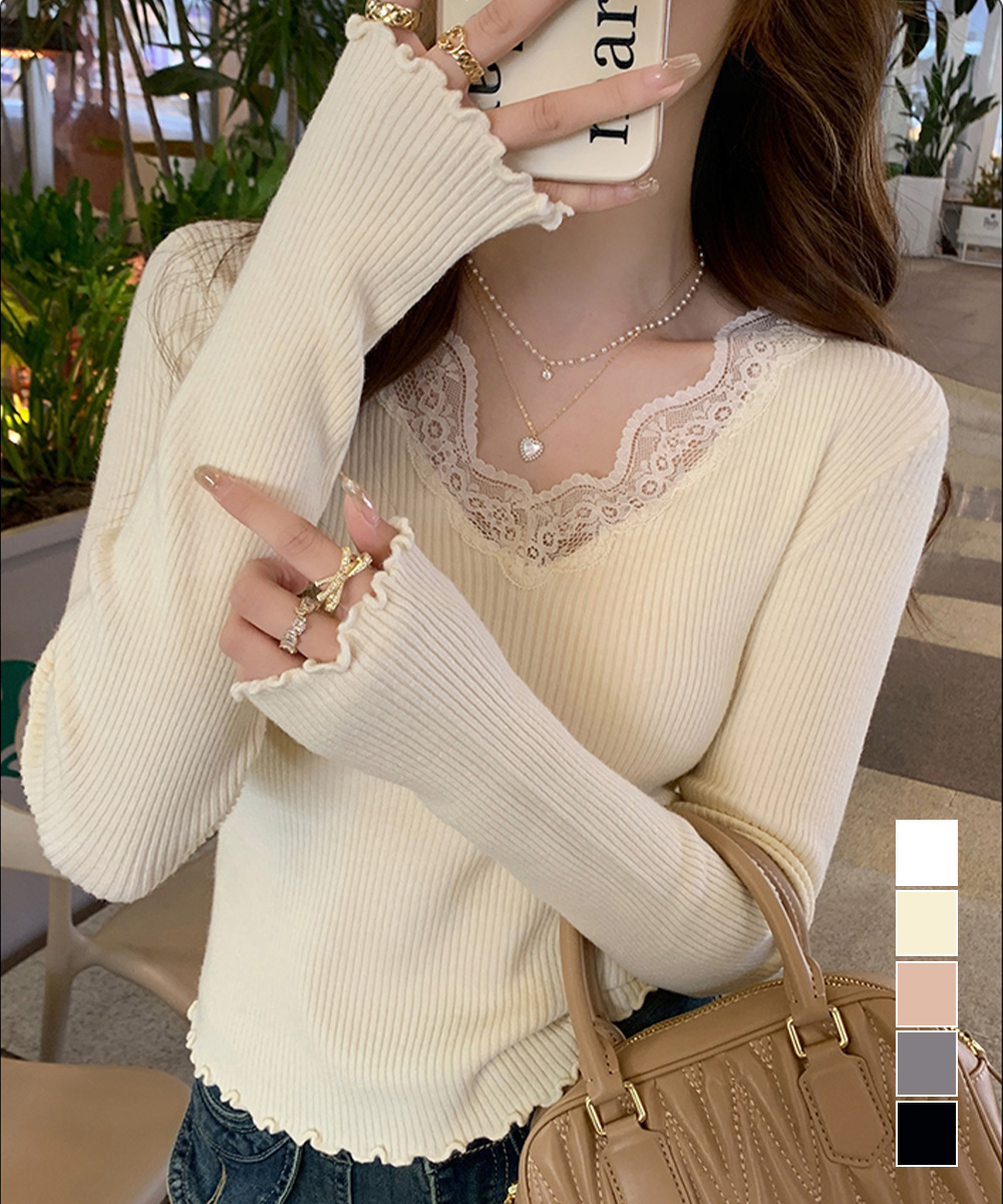 【日本倉庫即納】 ニットトップス レディース レース付き