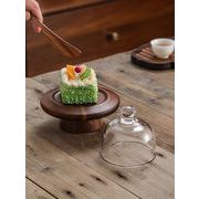 最安値に挑戦！早い者勝ち 木製高足デザートスタンド 透明ガラス蓋付き 菓子皿 ケーキ・試食サイズ対応