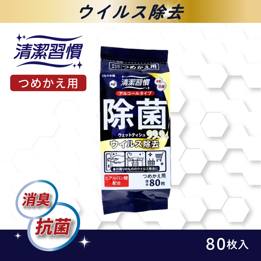 清潔習慣 アルコールタイプ 除菌ウェットティシュ ウイルス除去 ボトル 詰替用 80枚入