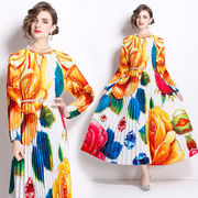 オシャレプリントビーズ付きポジショニングプリーツパールボタンワイドワンピースレディース