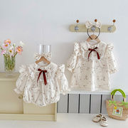 2026春新作　子供服　姉妹お揃い　選べる2タイプ　花柄　長袖　ロンパース　ワンピース　可愛い　レース