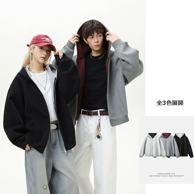 メンズ 配色ライナー フード付きスウェット スポーツカジュアル ジップレスフーディーアウター★全3色