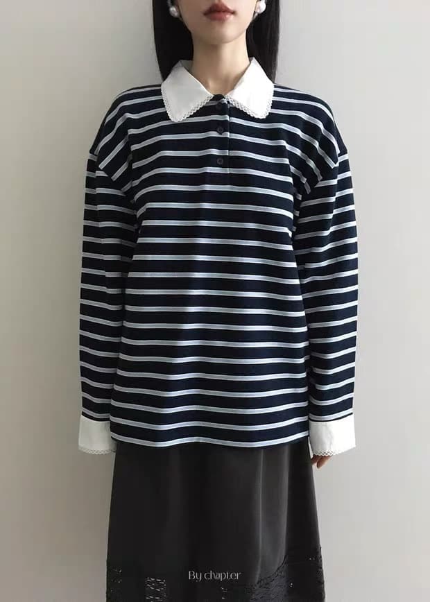 2026年INS 春新作  気質   おしゃれ  フリル衿 ストライプ ロングスリーブ T シャツ