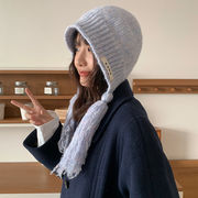 ニット小顔帽 　フリンジ   イヤーマフニット帽　韓国ファッション
