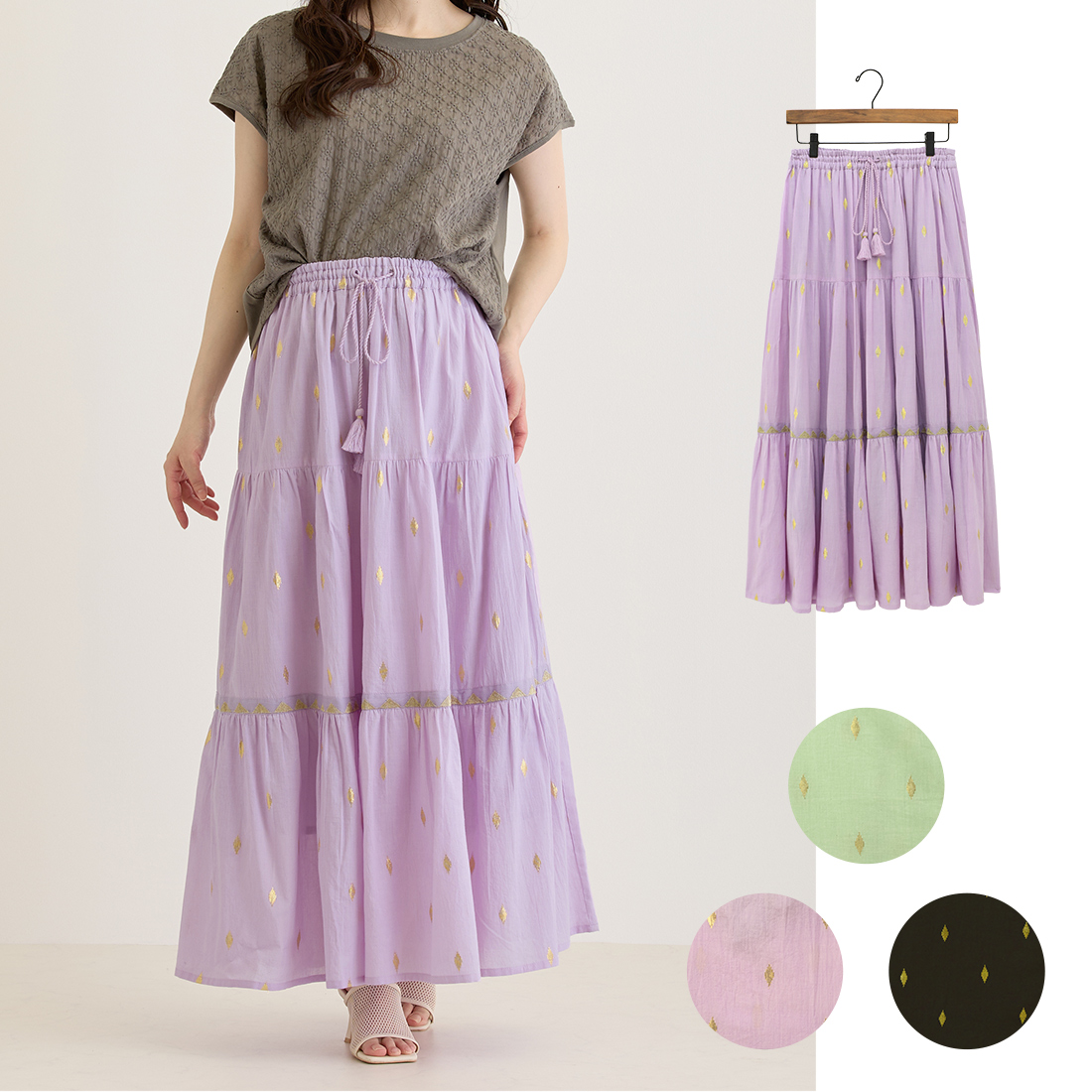 【Shanti Shanti】スカート リュミエール[ロング金糸ゴールド刺繍ジャカードダイヤ柄アジアン春夏26SS]