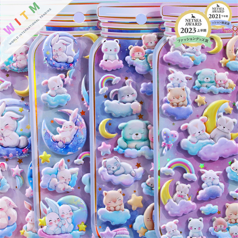 月 ウサギ 3Dシール 手帳用・創意ステッカー DIY 立体キャラクターシール 粘着シール 贈り物 子供