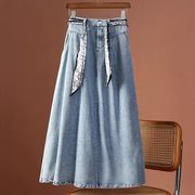 レディース用リボンスタイルレトロウォッシュデニムミディスカートV00113