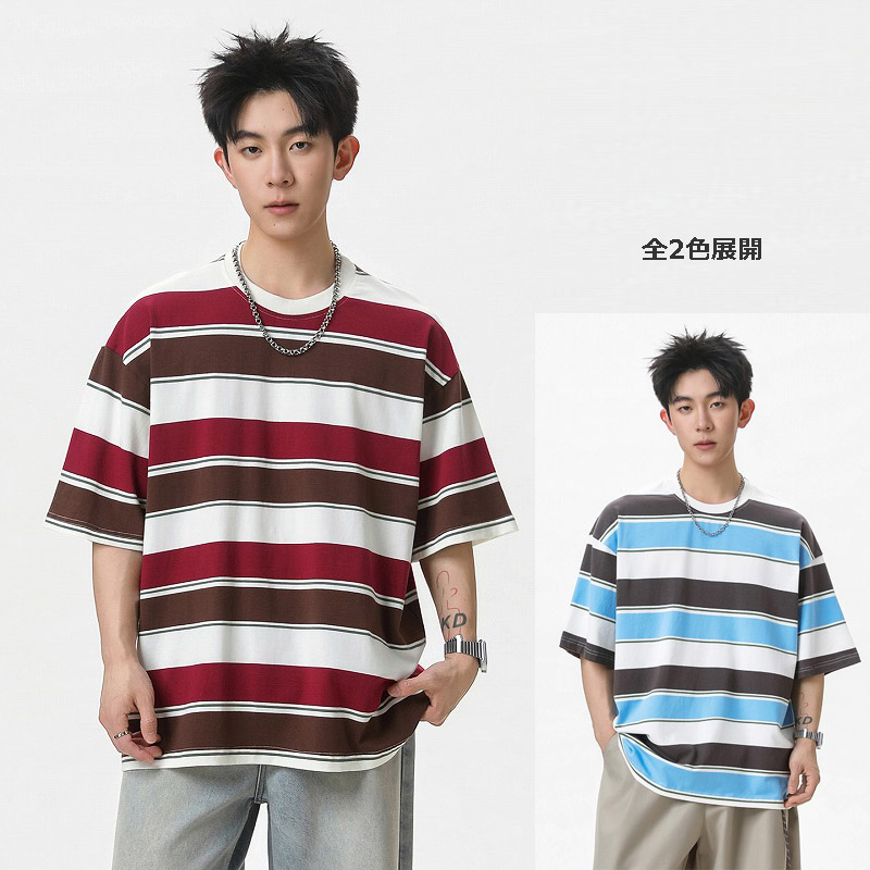 メンズ 配色ワイドボーダー 半袖Tシャツ ゆったり カップル ベーシック ストリート カジュアル★全2色
