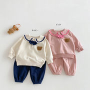 全2色[73-110cm] キッズ ベビー セットアップ 男女兼用 長袖 くまプリント スウェット＋スカート 学園風