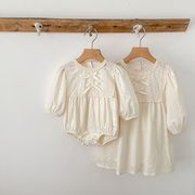 女の子ワンピース 春秋 花刺繍 長袖 ベビー ロンパース カバーオール 子供服 姉妹コーデ プリンセスドレス