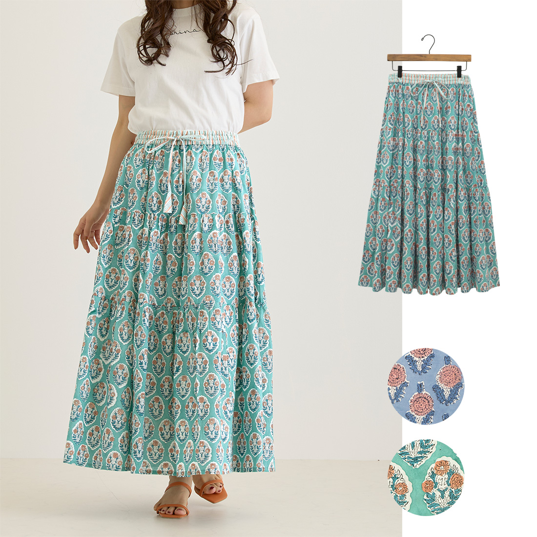 【Shanti Shanti】スカート ベル[ゆったり花柄フラワーブロックプリントインドアジアン春夏26SS]