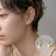 【銅製/S925製】鹿 ピアス 淡水パール6mm ホワイト  上品 レディース 大人 可愛い アクセ【a-e321】