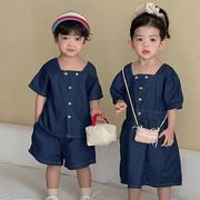 2026夏服※QQMM☆棉100 デニムセット半袖 ワンピース 兄妹コーデ