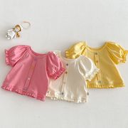 2026 夏女児 T シャツ カラーボタン パフスリーブ 薄手韓国風夏トップス