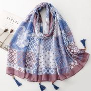 男女兼用 タッセル付 大判薄型 ボタニカル ゾウ×パッチワーク柄 ストール スカーフ パレオ　91346