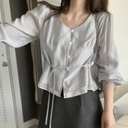 薄手 日焼け対策 フリルリボン シフォンブラウス