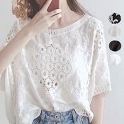 トップス レディース 半袖 ブラウス 夏 プルオーバー Tシャツ 透かし彫り