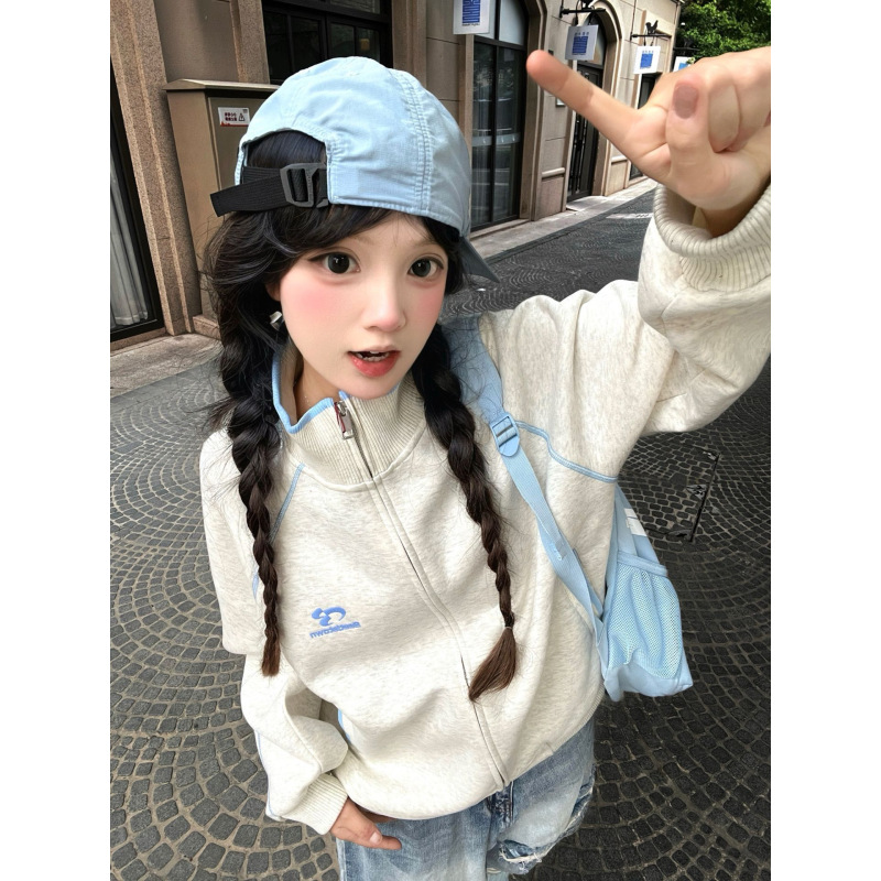 スタンドカラー 刺しゅう ジップパーカー ゆったり レディース