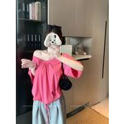 オフショルダー ドローストリング半袖トップス ゆったり レディース
