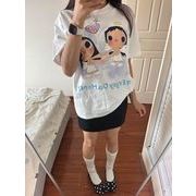 ハートエンジェルプリント半袖トップス ゆったり レディース