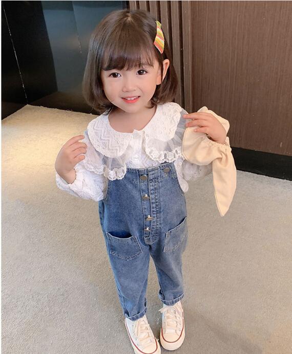 秋の新シャツ+デニム、かわいい一体型子供服ファッション2点セット