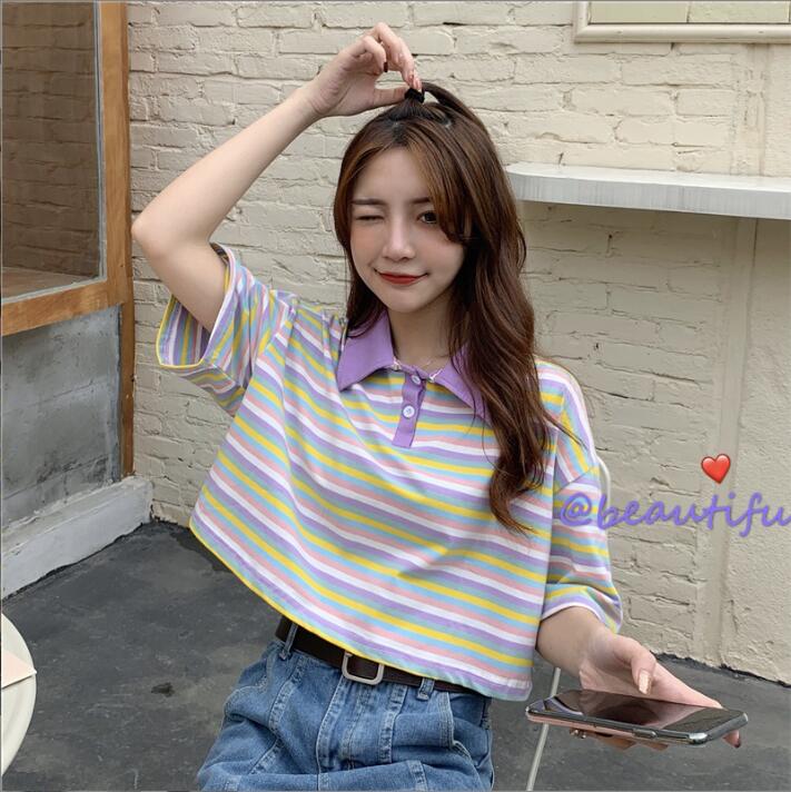 韓国風　レディース　半袖Tシャツ　新しい夏，気質，ファッションTシャツ　学生ポロシャツ★M-X