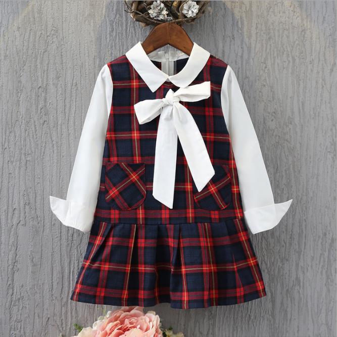 春秋新作　女の子 子供格子ボウノットドレス  ファッション ペティスカート 韓国風