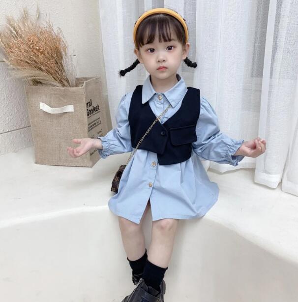 初秋　女の子子供服かわいいドレス子供服子供シャツ  ドレス+ベスト2点セット